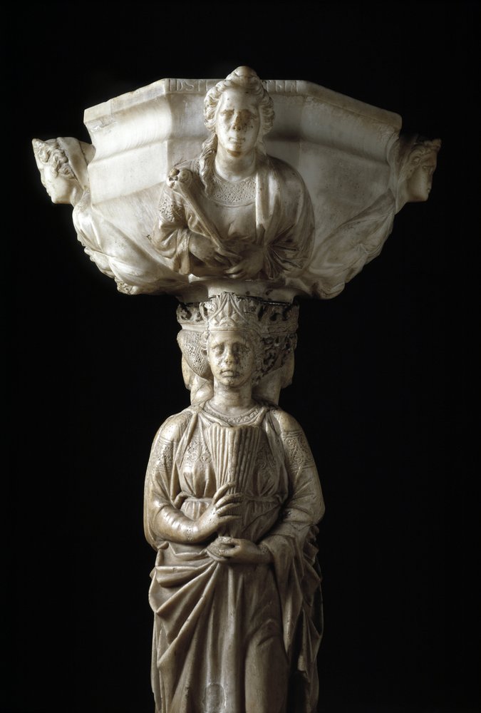 Benitier at the pillar decorates the three theological virtues and a ...