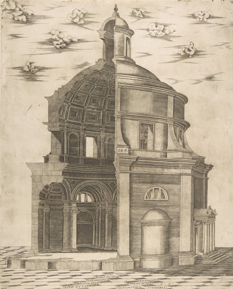 Exterior and interior section of a temple in Rome dedicated to Neptune
