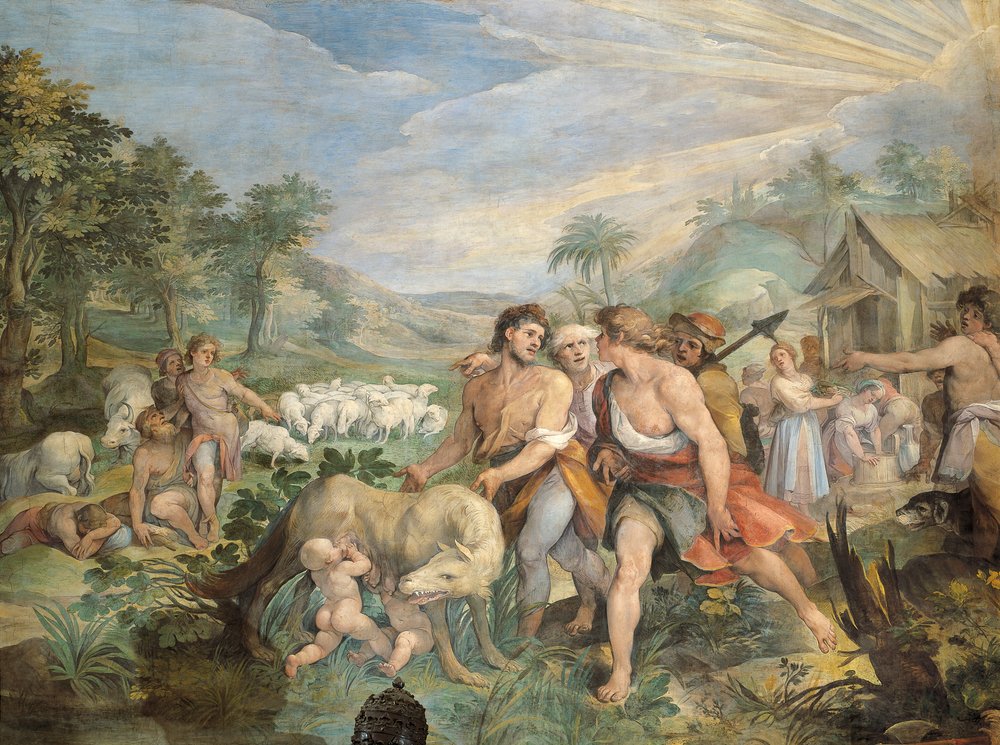 Romulus and Remus, Suckled by Wolf, Found by Faustulus on Banks of Tiber