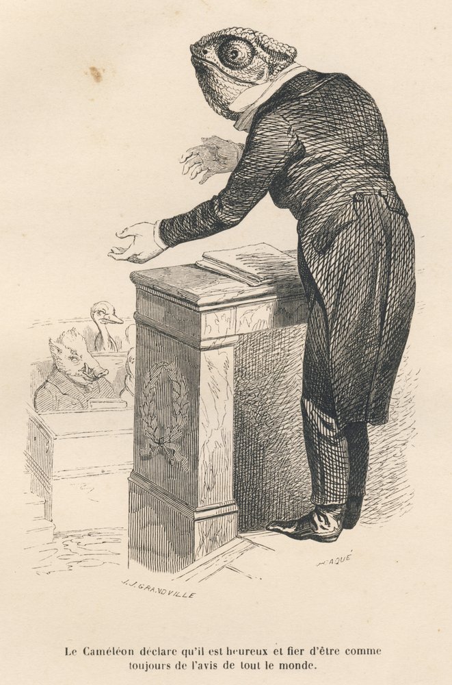 The Chameleon Declares He Is Happy and Proud to Always Agree with Everyone. Illustrated Vignettes by JJ Granville. Engraving Signed Caque in the Prologue 