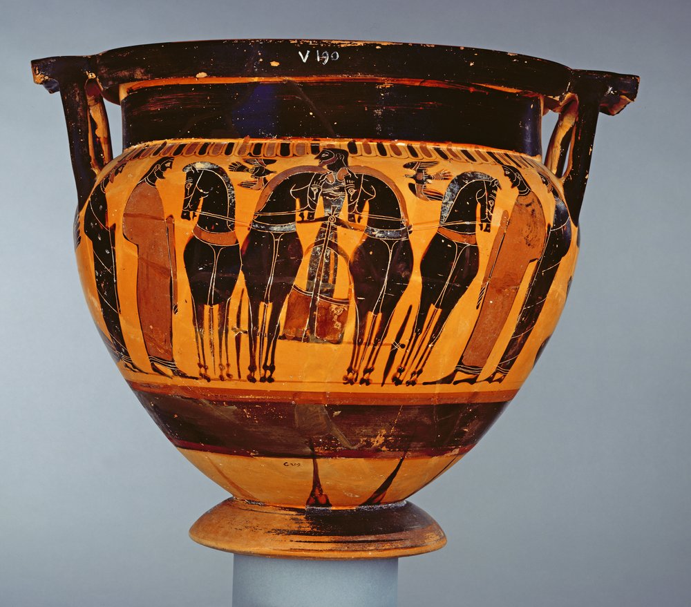 Attic black-figure column-crater decorated with a four-horsed charioteer, by the Painter of Louvre F6, from Gela, c.575-550 BC by Greek