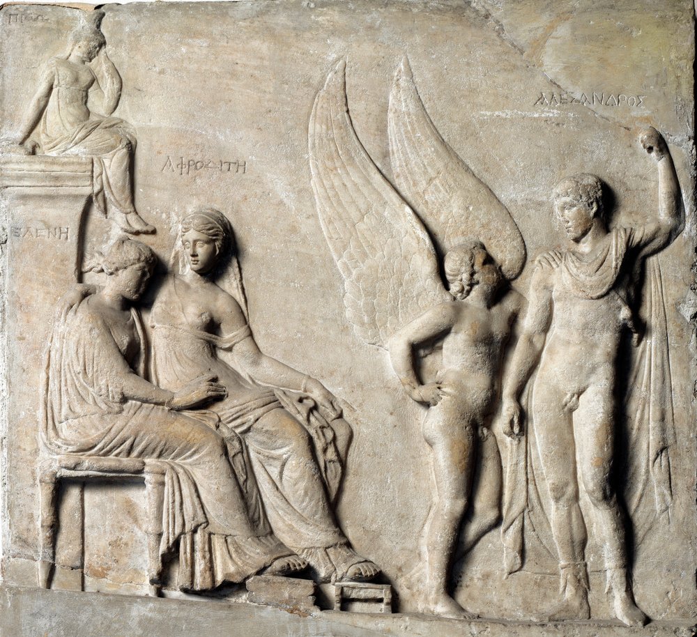 Greek art: “Paris, Prince of Sparta, seduces Helen of Troy; Aphrodite is depicted”. Marble relief after a Greek original. 1st century BC. Museo Archeologico Nazionale, Naples by Greek