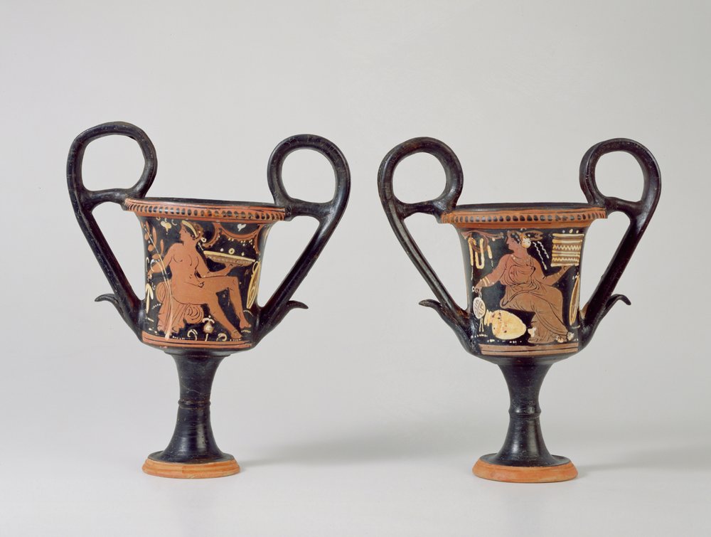 Red-figure kantharos depicting a youth and kantharos depicting a woman, c.310 BC by Greek School