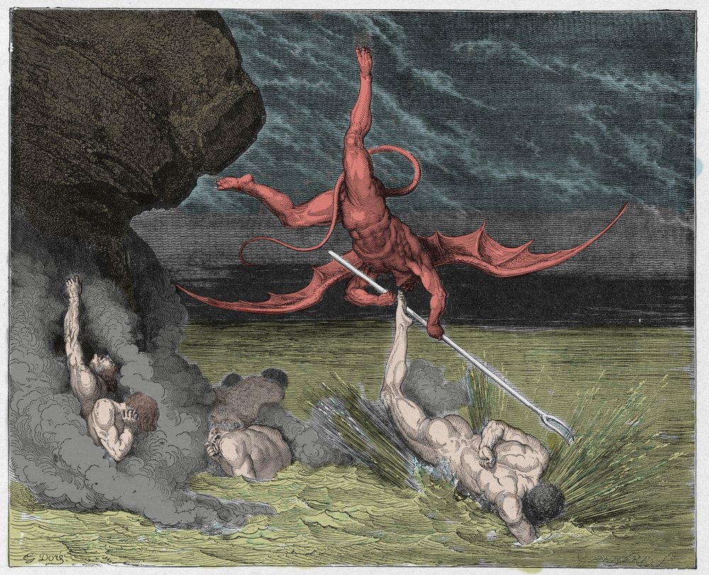 Inferno, Canto 22: Ciampolo escapes the demon Alichino in the fifth bolgia, illustration from The Divine Comedy by Dante Alighieri, 1885 by Gustave after Dore