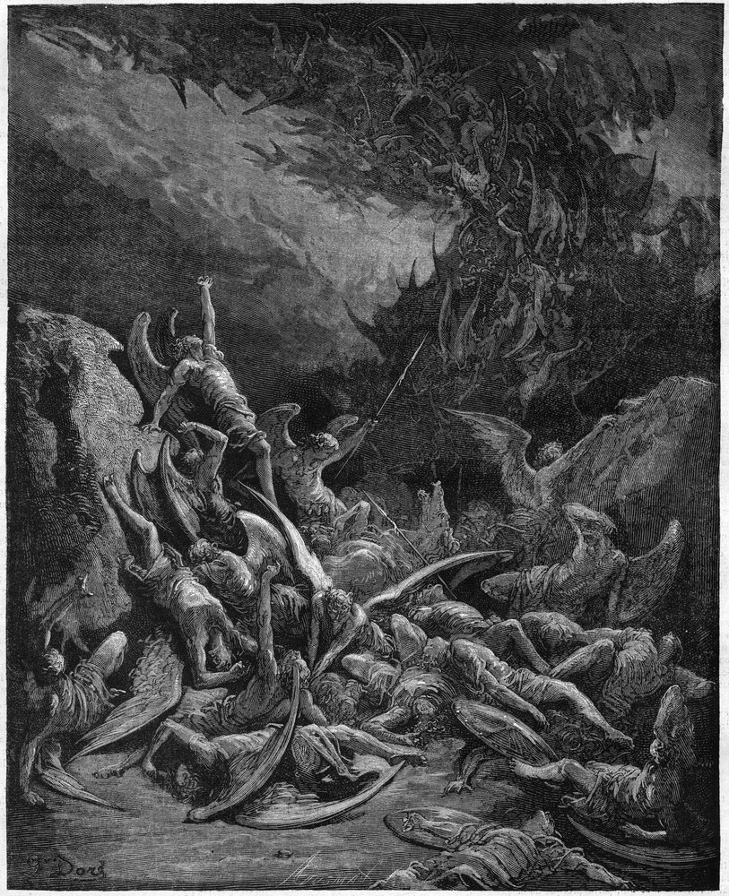 Paradise Lost: the fallen angels. From the drawing by Gustave Doré illustrating "Paradise Lost" by John Milton (1608-1674), English poet. Engraving from 1867. Private Collection by Gustave (after) Dore