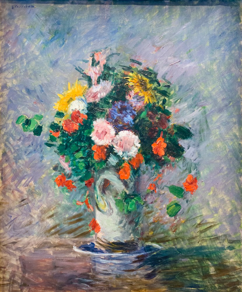 Bouquet of Chinese Asters, Nasturtiums and Sunflowers in a Vase