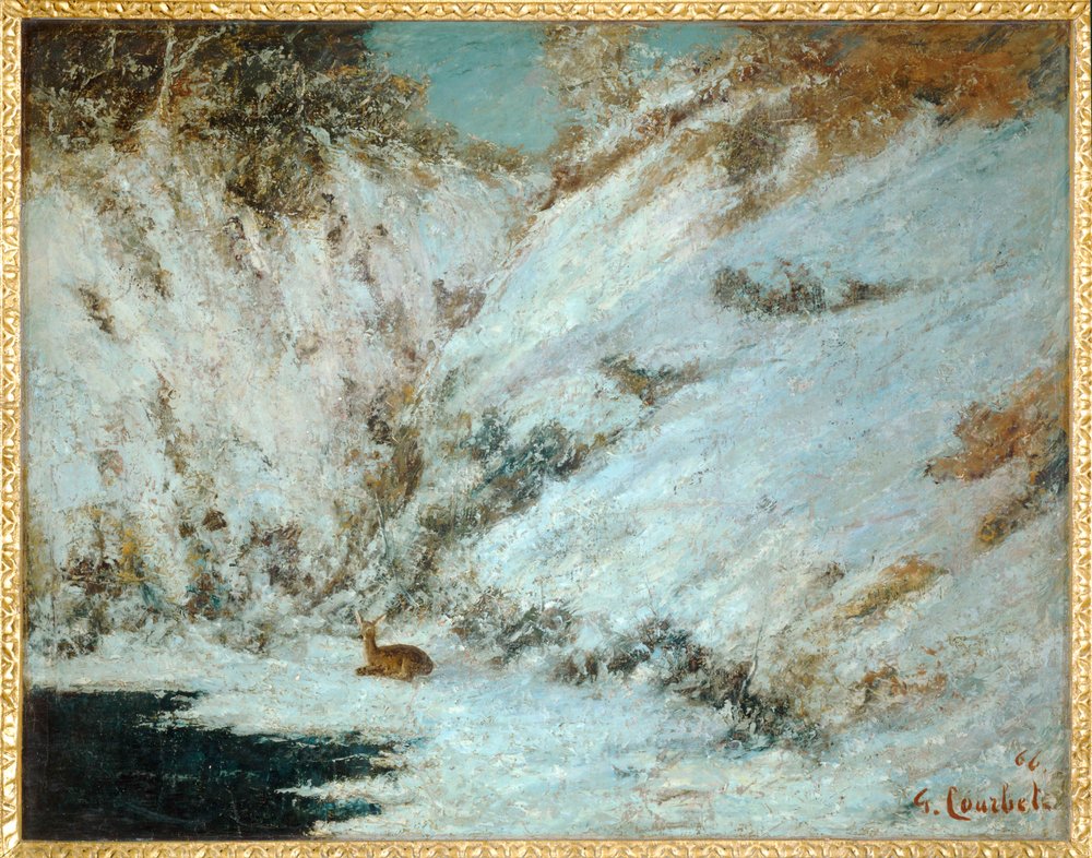 Snowy Landscape in the Jura, with Roe Deer by Gustave Courbet