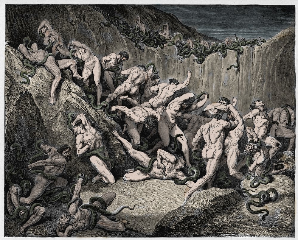 Inferno, Canto 24: The Thieves Tormented by Serpents, illustration from “The Divine Comedy” by Dante Alighieri, 1885 by Gustave Dore