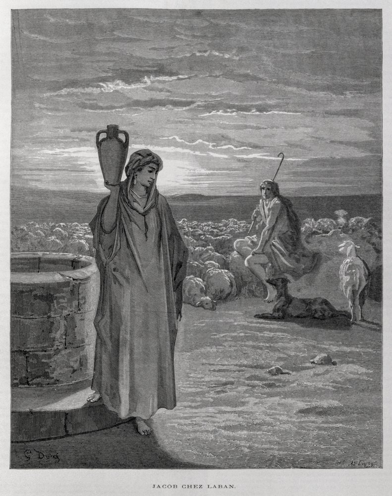 Jacob sees Rachel at the well of Laban's home, Illustration from the ...