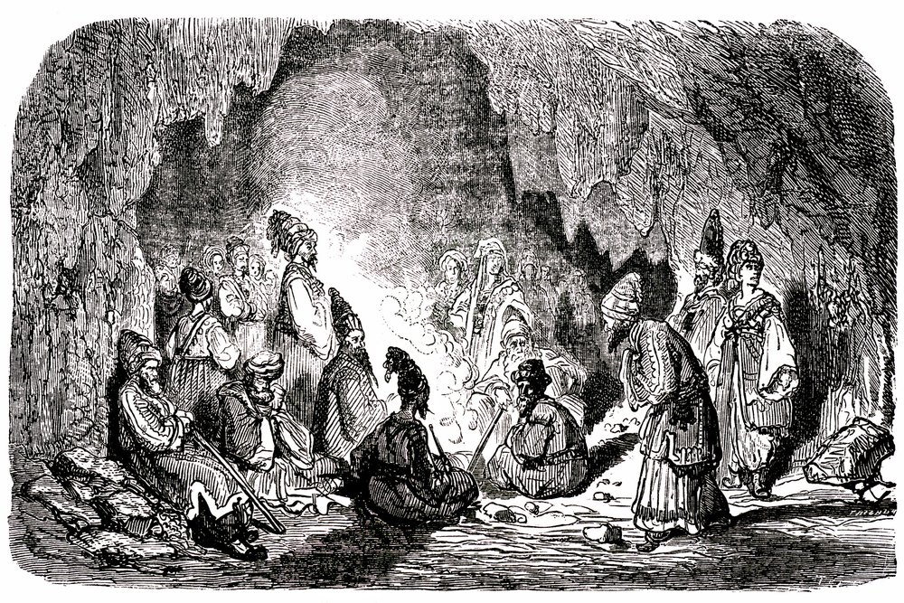 Sindbad the sailor - tale of the thousand and one nights - illustration by Gustave Dore - Maxwell edition 1865 - First voyage: Sindbad, abandoned in the middle of the sea by his companions, reached an island and met in a cave the palefrenie by Gustave Dore