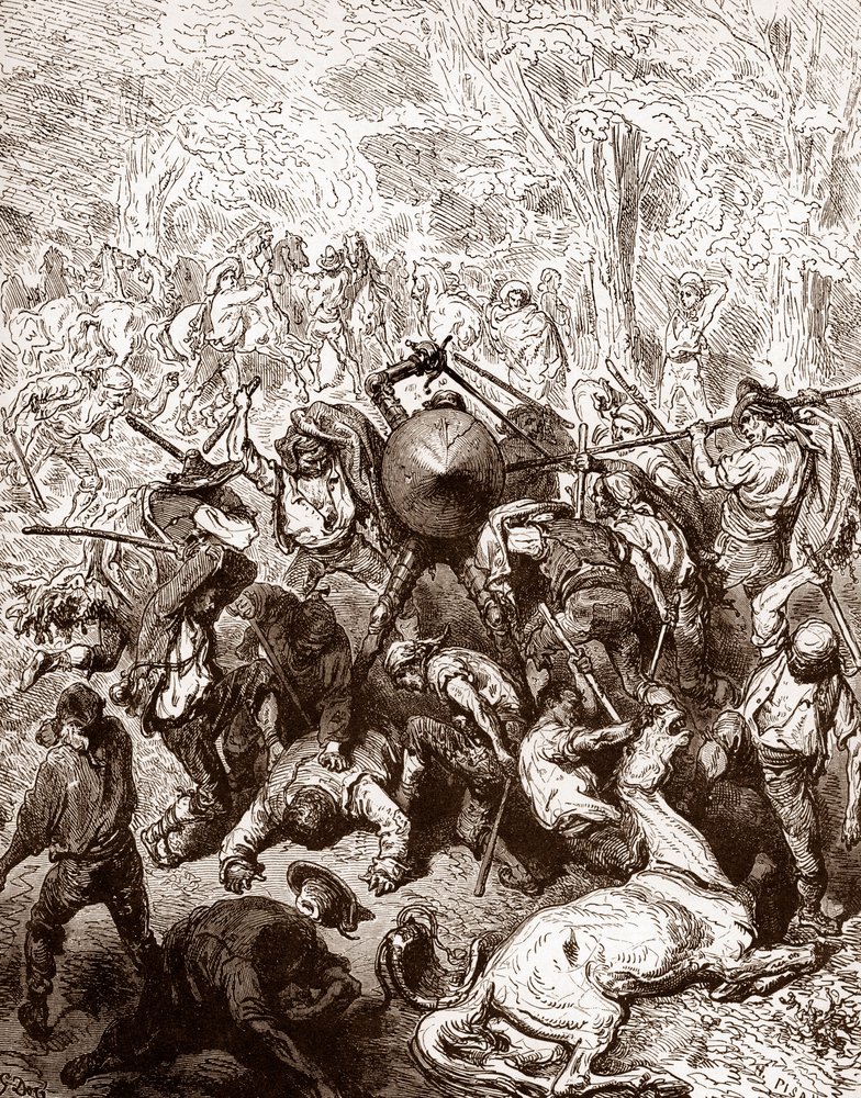 The fight against the muleteers of Yanguas Engraving by Gustave Dore (1832-1883) for “The Ingenious Hidalgo Don Quixote de la Mancha” by Miguel de Cervantes (1547-1616) 1863 Private collection by Gustave Dore