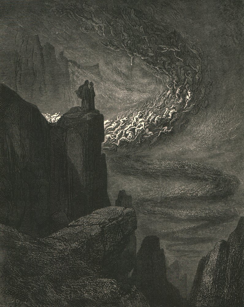 The stormy blast of hell with restless fury drives the spirits on, c. 1890. by Gustave Dore