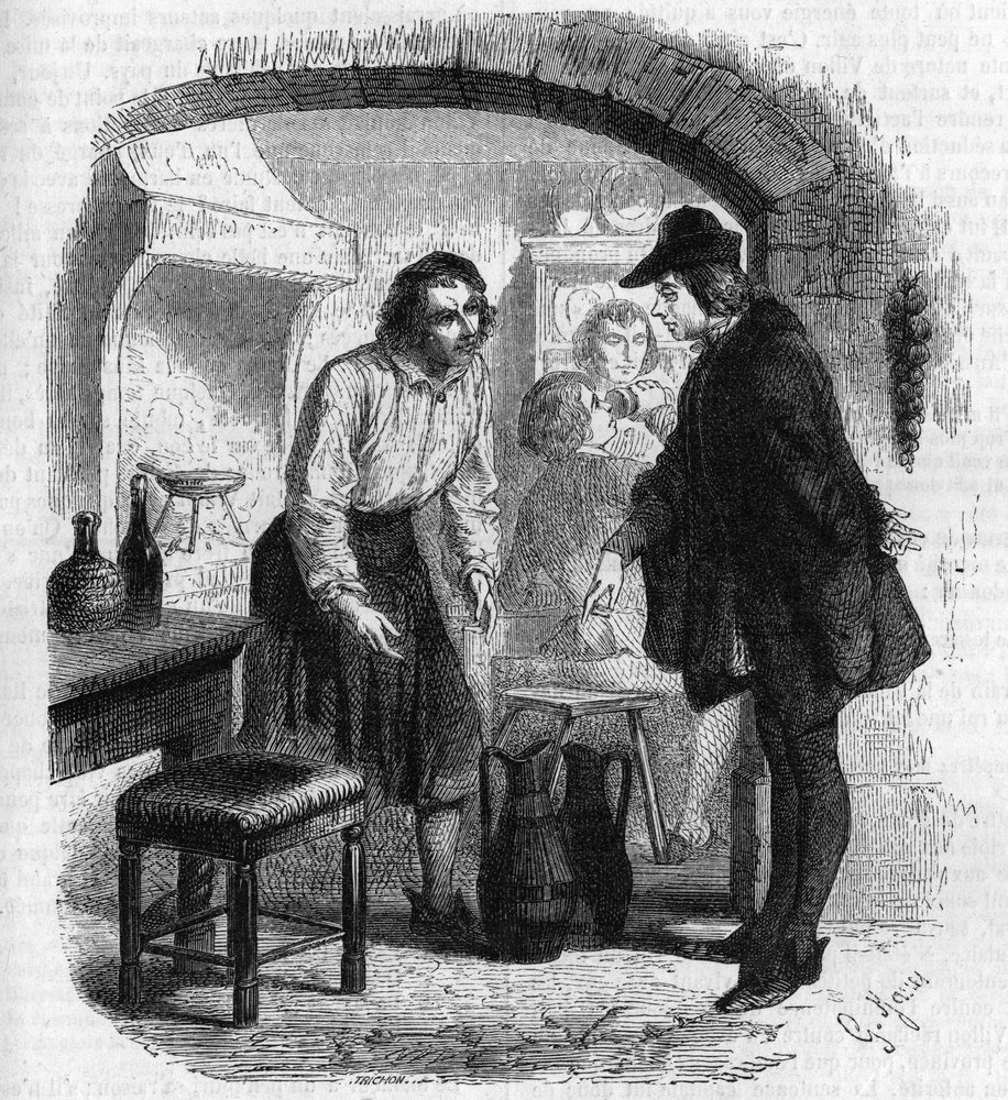 The poet Francois Villon (1431-1463) retracing a bottle of wine. Engraving by Gustave Janet by Gustave Janet
