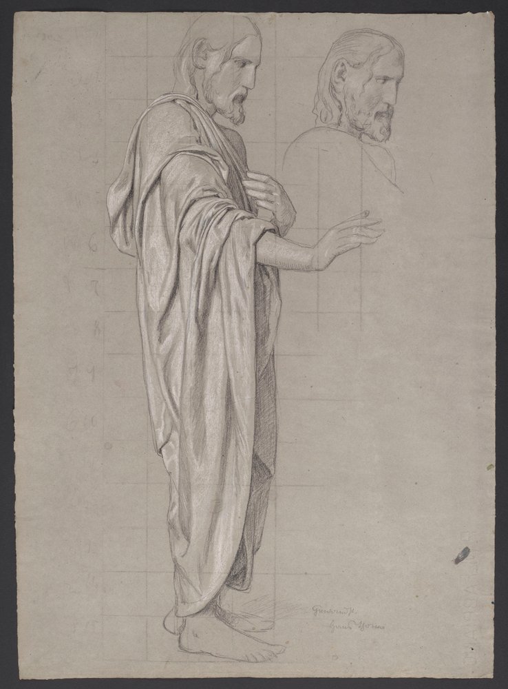 Christ with Outstretched Right Hand, Beside It a Repetition of the Figure's Head by Hans Thoma