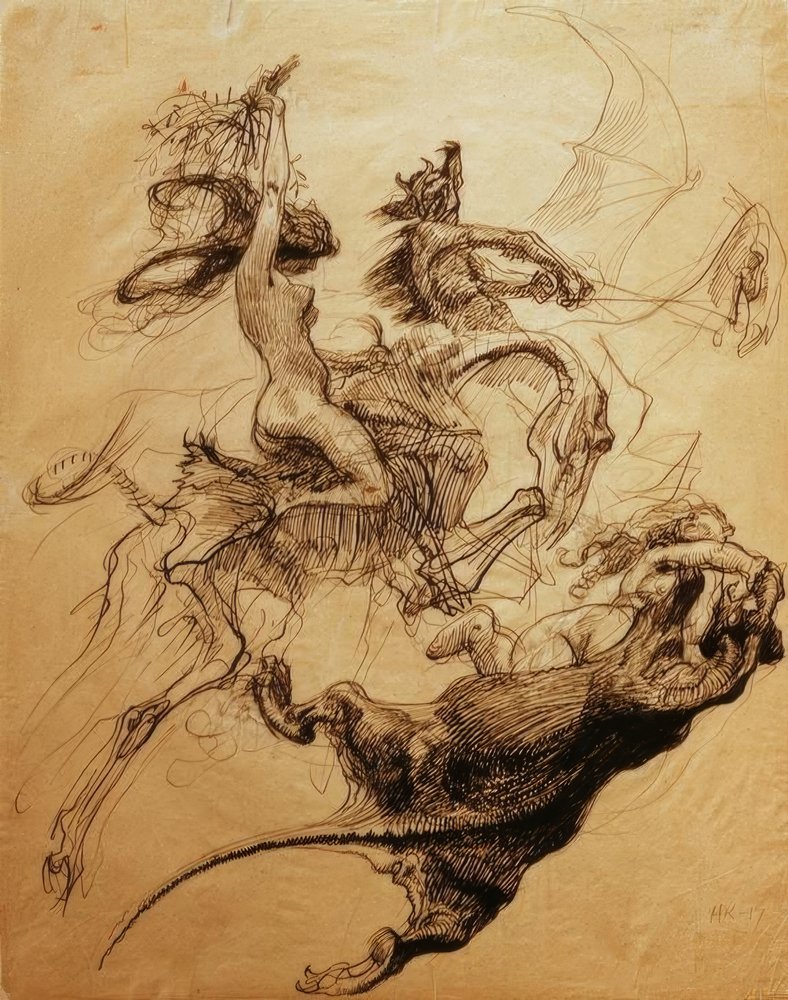 Nude Woman Riding a Skeleton and Devil Riding a Pterodactyl by Heinrich Kley