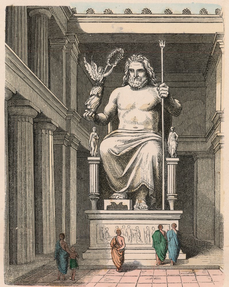 Ancient Greece: statue of Zeus in the temple at Olympia - sculpture by Phidias, c. 440/30 BC, one of the Seven Wonders of the World by Heinrich Leutemann