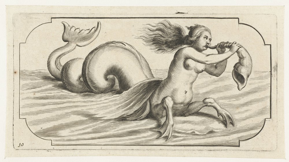 A Female Figure Blowing a Shell (Nouveau Livre des Dieux et Déesses de la Marine) by Hendrick de Keyser (I)