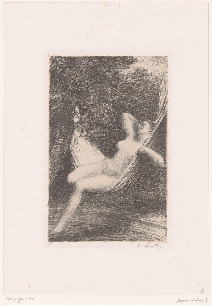 Sara swings naked in a hammock above the water - Sara the Bather - Life and Works of Hector Berlioz (series title) by Ignace Henri Jean Fantin-Latour