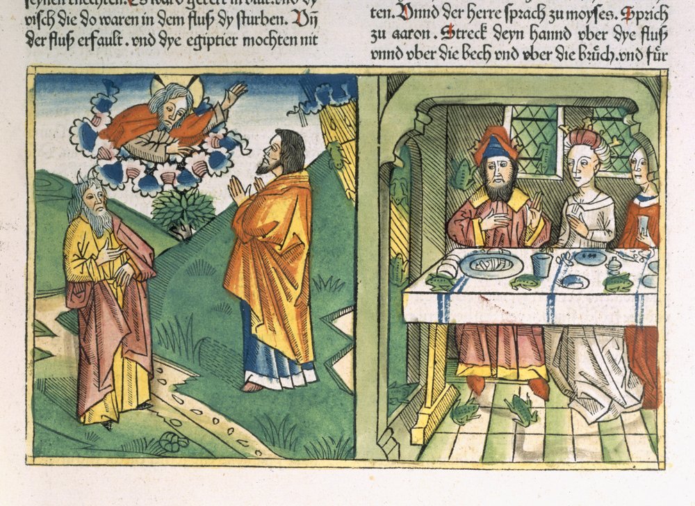 Exodus 8, 1-15: The Seven Plagues of Egypt: Moses and the plague of frogs, from the “Nuremberg Bible (Biblia Sacra Germanica)” by Henry Room