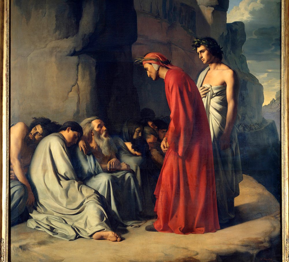Dante and Virgil in Hell, or Dante, led by Virgil, offers consolation to the souls of the envious. Illustration of Hell from the Divine Comedy (Divina Comedia) by Dante Alighieri (1265-1321). Painting by Hippolyte Flandrin (1809-1864), 19th century by Hippolyte Flandrin
