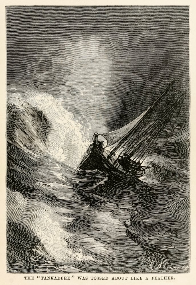 The Tankadere was tossed about like a feather, from Around the World in Eighty Days by Jules Verne, engraved by Adolphe François Pannemaker, 1873 by Hippolyte Leon after Benett