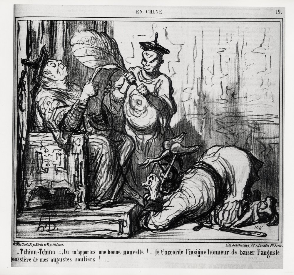 Tchin tchin... You bring me good news! I grant you the great honor of kissing the august dust of my august shoes. In the series In China, illustration by Honoré Daumier (1808-1879), published in Le Charivari, dated December 7 by Honoré Daumier
