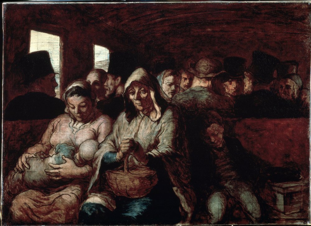 “The Third-Class Carriage” (A Wagon of the Third Class). Two mothers of working-class origin on a train with their children. Painting by Honoré Daumier (1808-1879), 1862-1864, Museum of Fine Arts, Ottawa, Canada by Honoré Daumier