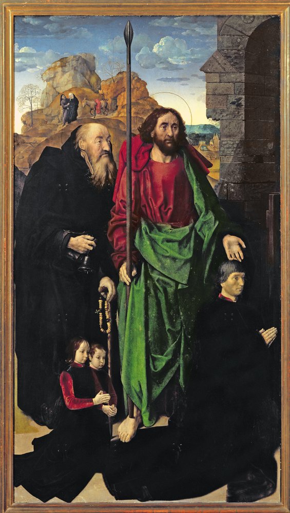 The Portinari Altarpiece, St. Thomas and St. Anthony the Hermit with Tommaso Portinari and two sons Antonio and Pigello, Left Wing, c. 1479 by Hugo van der Goes