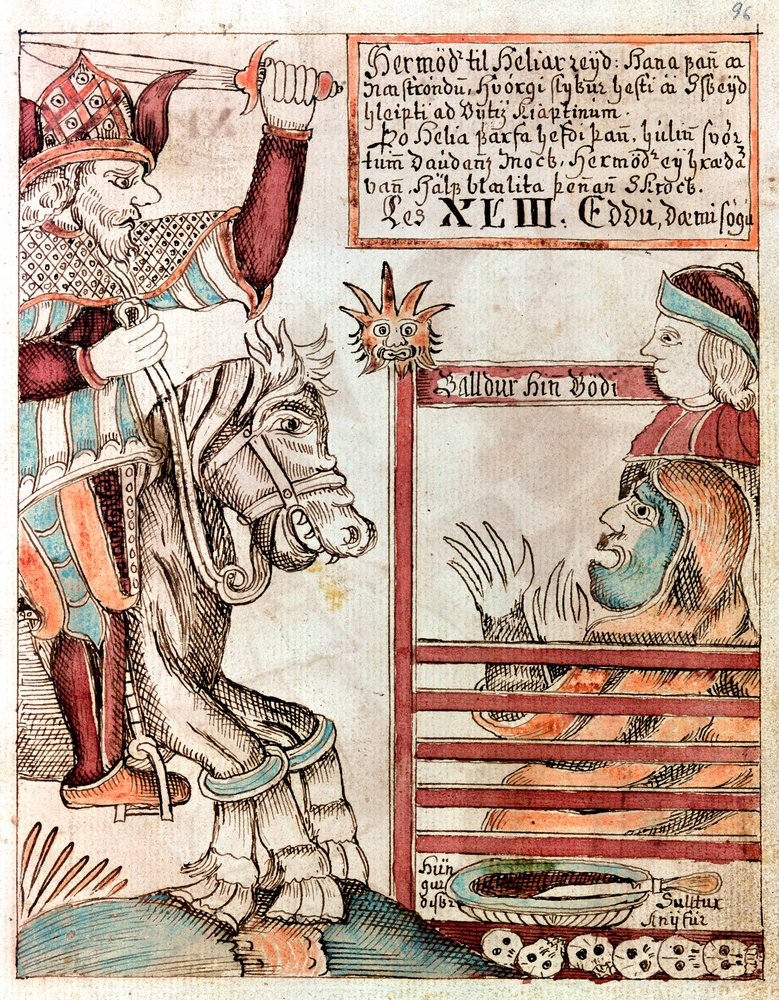 Hermod astride Sleipnir, his father’s famous eight-legged charger, at the barred gates of the Kingdom of Hel by Icelandic School
