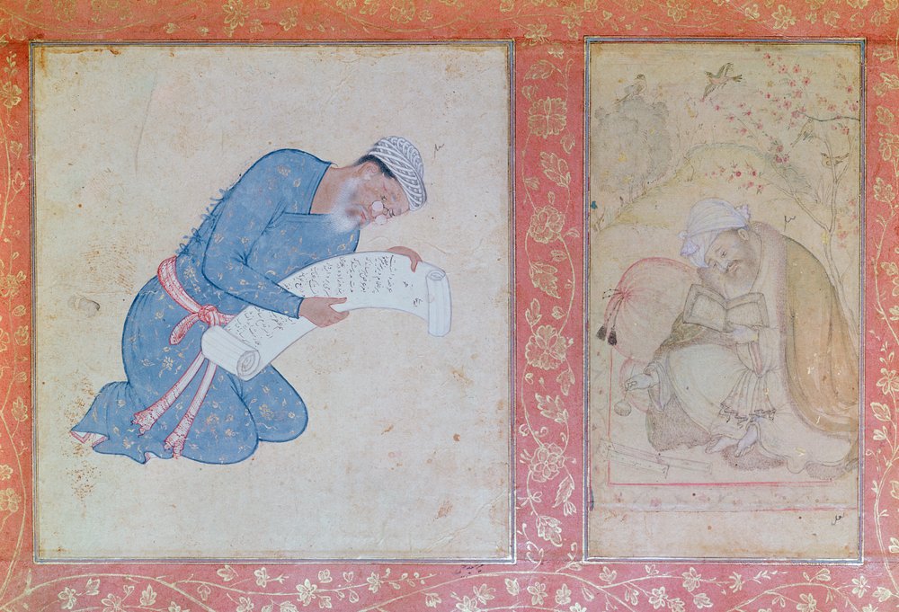 Portrait of Min Musavir giving a petition to Emperor Akbar