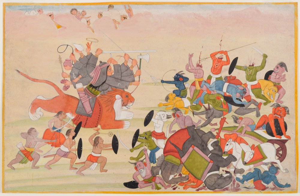 The Devi defeats Mahishasura, folio from a dispersed Devi Mahatmya ...
