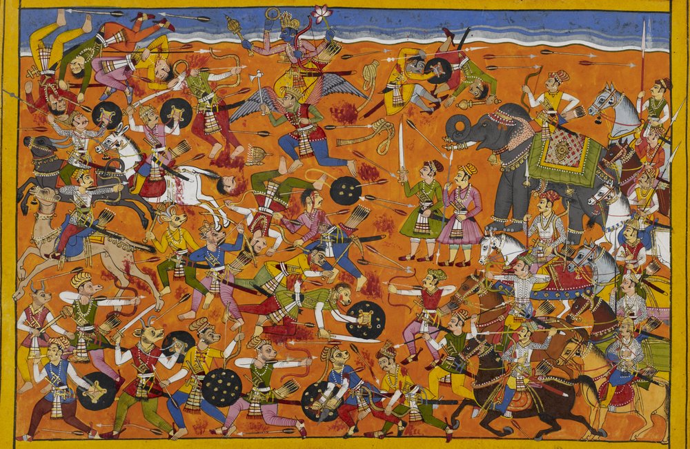 Vishnu leads the gods, defeats Malyavan, the demons retreat in shame