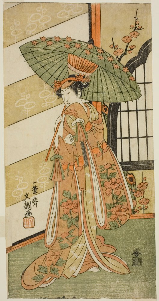 The Actor Onoe Tamizo I as Nishikigi in the Play Mutsu no Hana Ume no Kaomise, Performed at the Ichimura Theater in the Eleventh Month, 1769 by Ippitsusai Bunchō