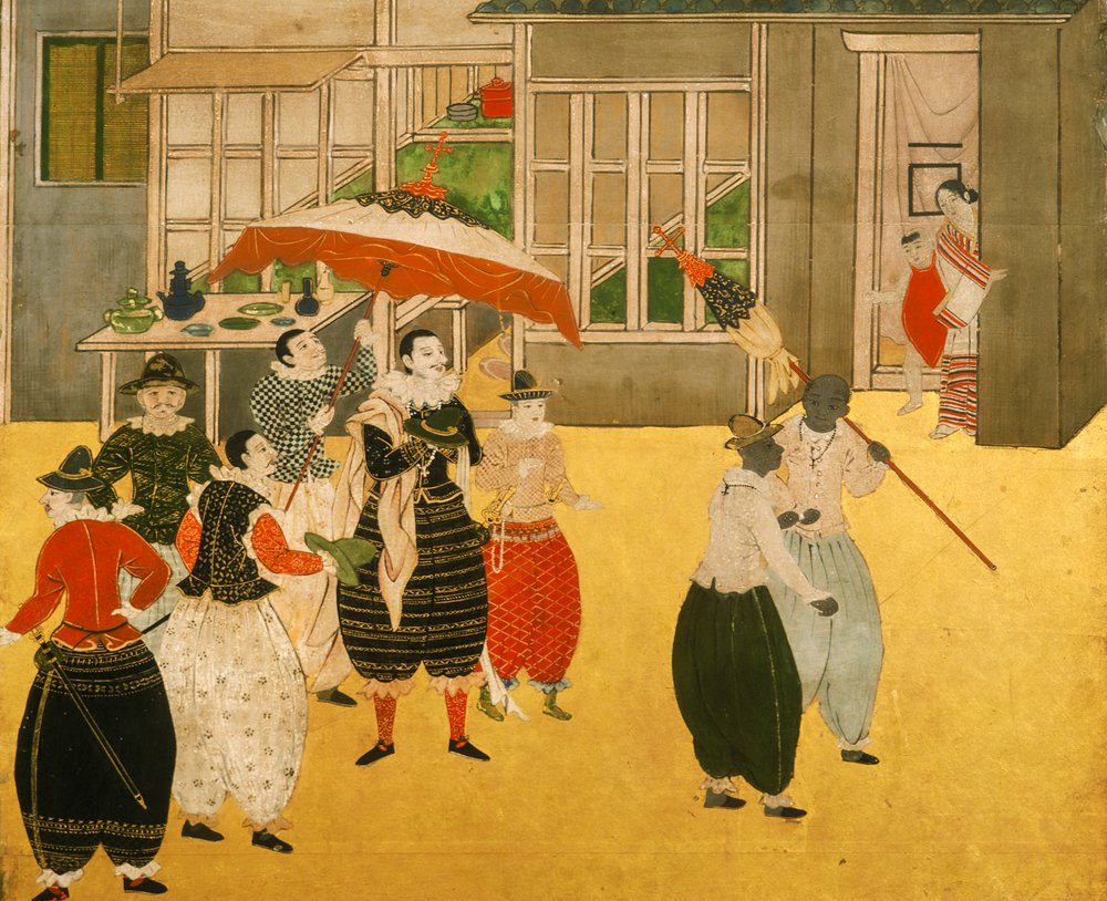 Details from the Namban byobu screen depicting Portuguese traders