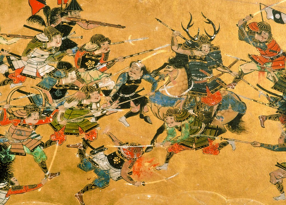 Middle two panels depicting scenes from the Battle of Osaka, Japan, 2005