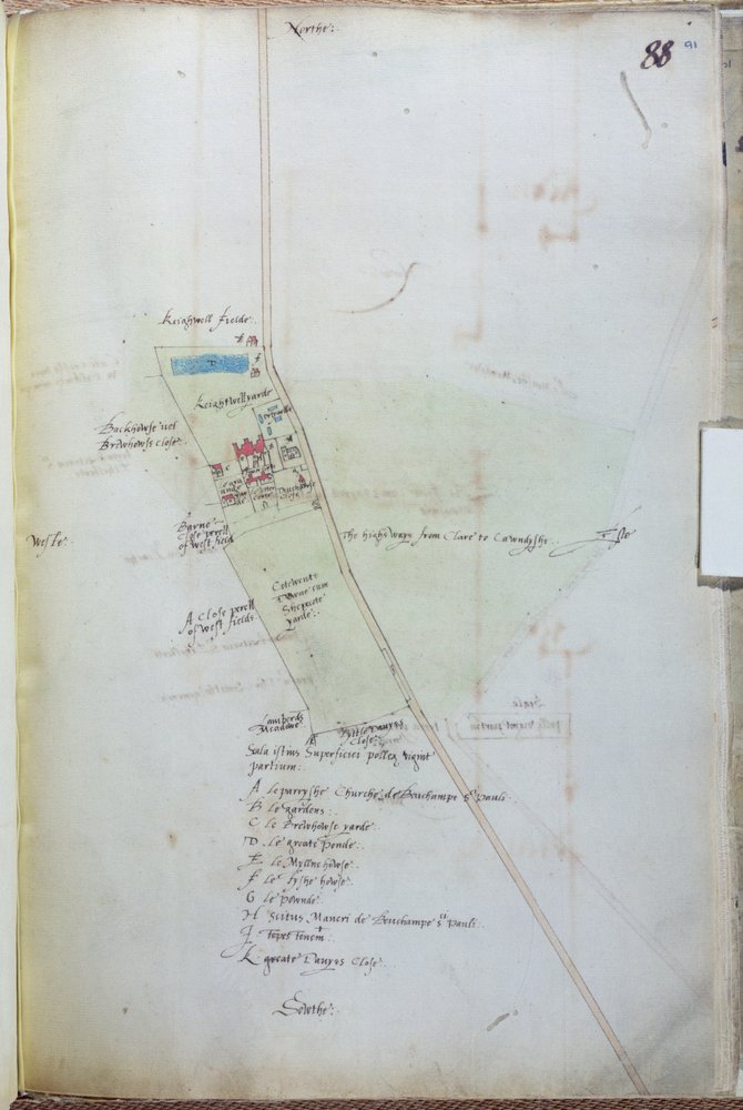 Ms 255171 fol. 88 Map of the Village of Belchamp St. Paul, 1576 by Israel Amyce