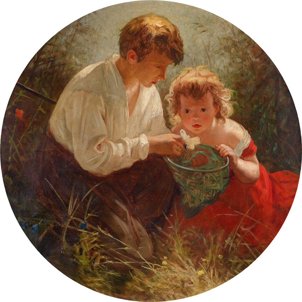 A Brother and Sister Catching Butterflies by Italian School