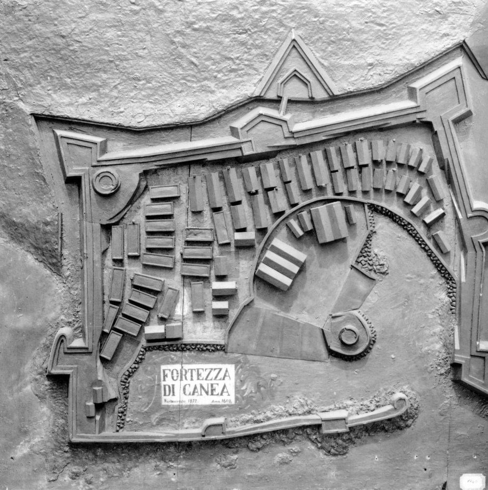 A relief map of the Fortress of Canea, Crete in 1608 by Italian School
