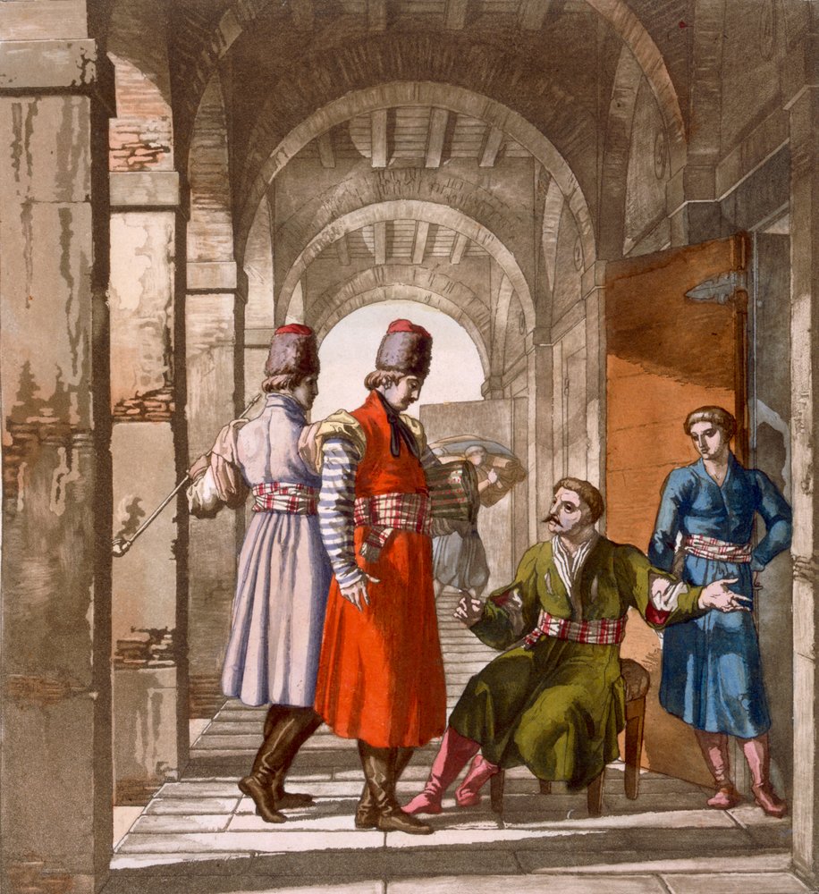 Georgian men chatting and smoking in an arcade, c. 1820s-30s by Italian School