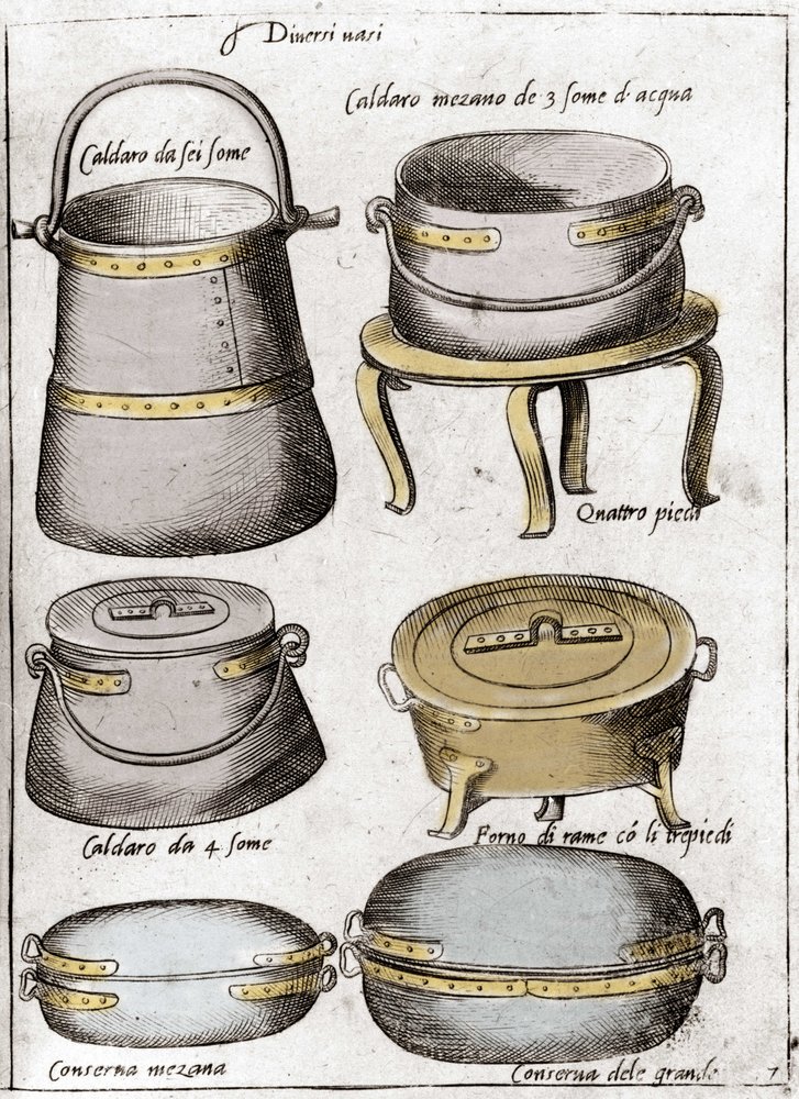 Kitchen utensils: Plate representing different types of pots, cauldrons. Engraving from “Opera”, book on gastronomy divided into 6 parts, by Bartolomeo Scappi, personal cook of Pope Pius V. Venice by Italian School