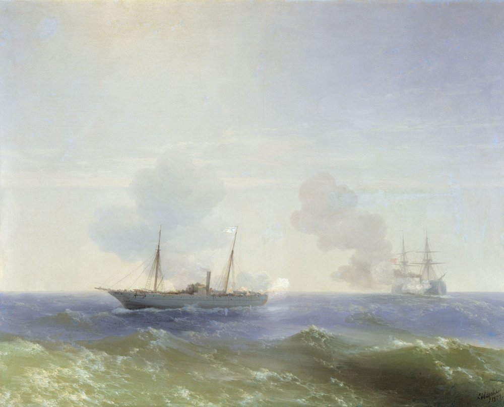 Fight of the steamer Vesta with the Turkish battleship Fehti-Bulend in the Black Sea on July 11, 1877 by Ivan Aivazovsky