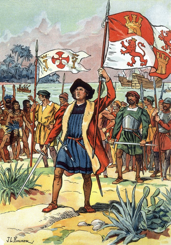1492: Christopher Columbus arriving in America with spanish flag