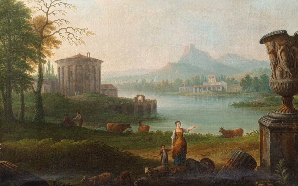 An Italian Pastoral Landscape with the Temple of Vesta Beside an Estuary by Jacob-Philippe (circle of) Hackert