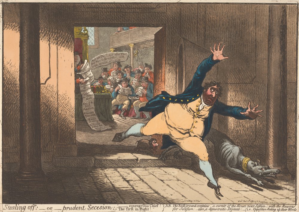 Stealing Off - or - Prudent Secession. "Courageous Chief The First in Flight" by James Gillray