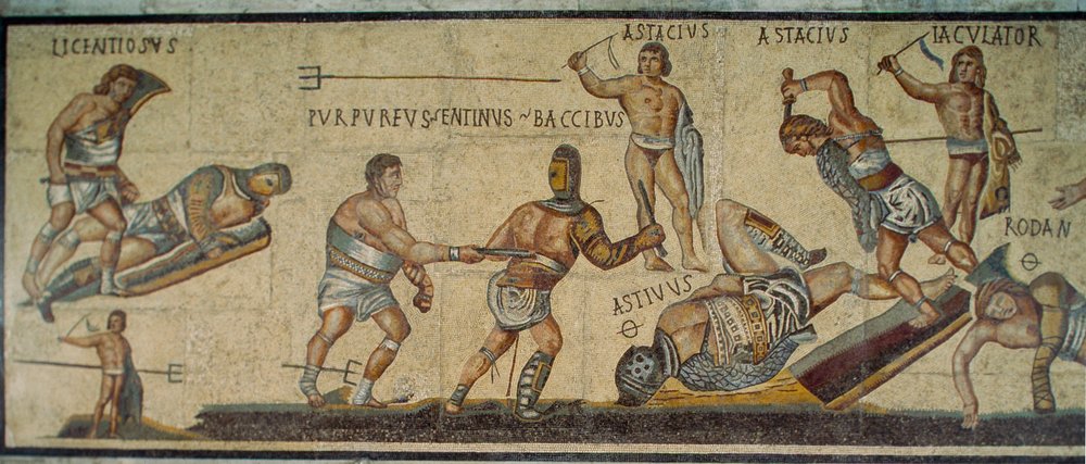 A Roman mosaic showing gladiators battling with various weapons