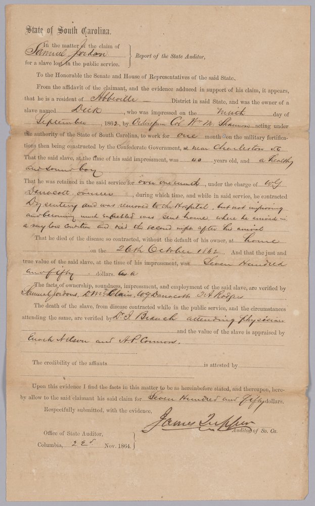 Claim awarded by the Confederate state of South Carolina for enslaved man Dick by James Tupper