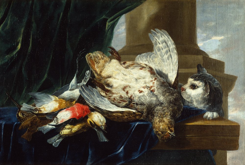 A Dead Partridge and Other Birds on a Stone Ledge with a Cat