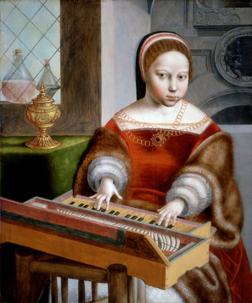 Young Woman Playing a Clavichord by Jan van Sanders workshop of Hemessen