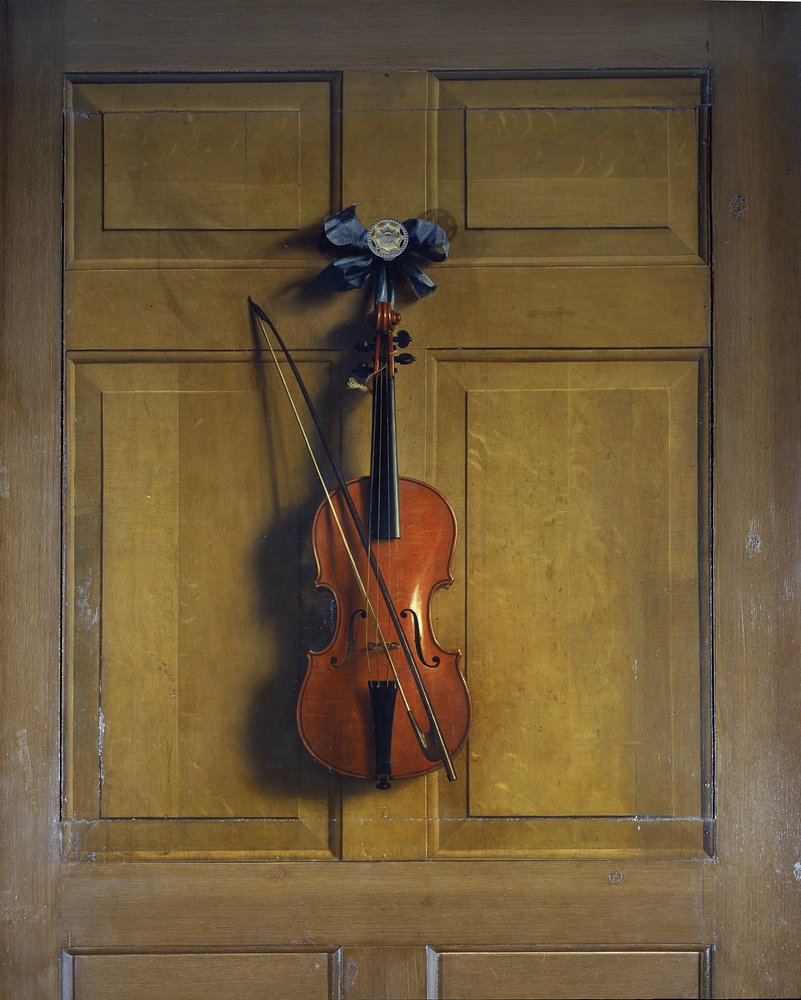 Violin and bow hanging on a door by Jan van der Vaardt