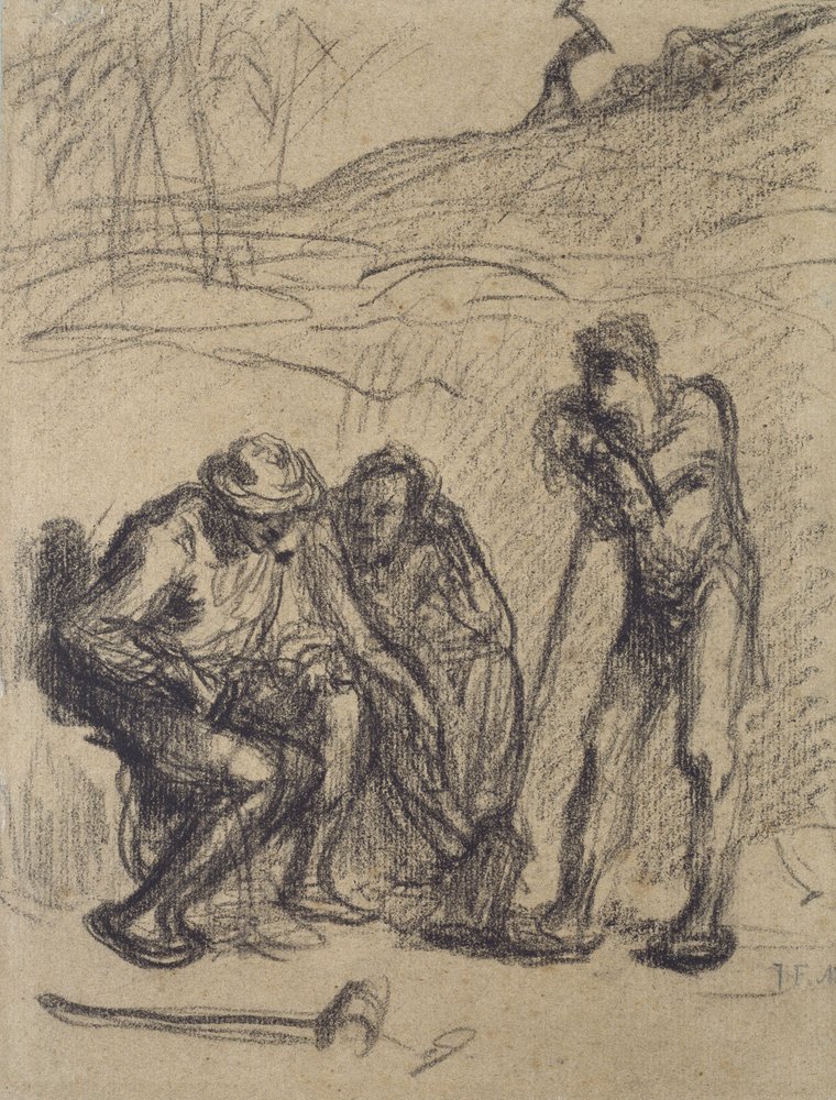 Three Peasants resting, one leaning on a Spade by Jean-Francois Millet